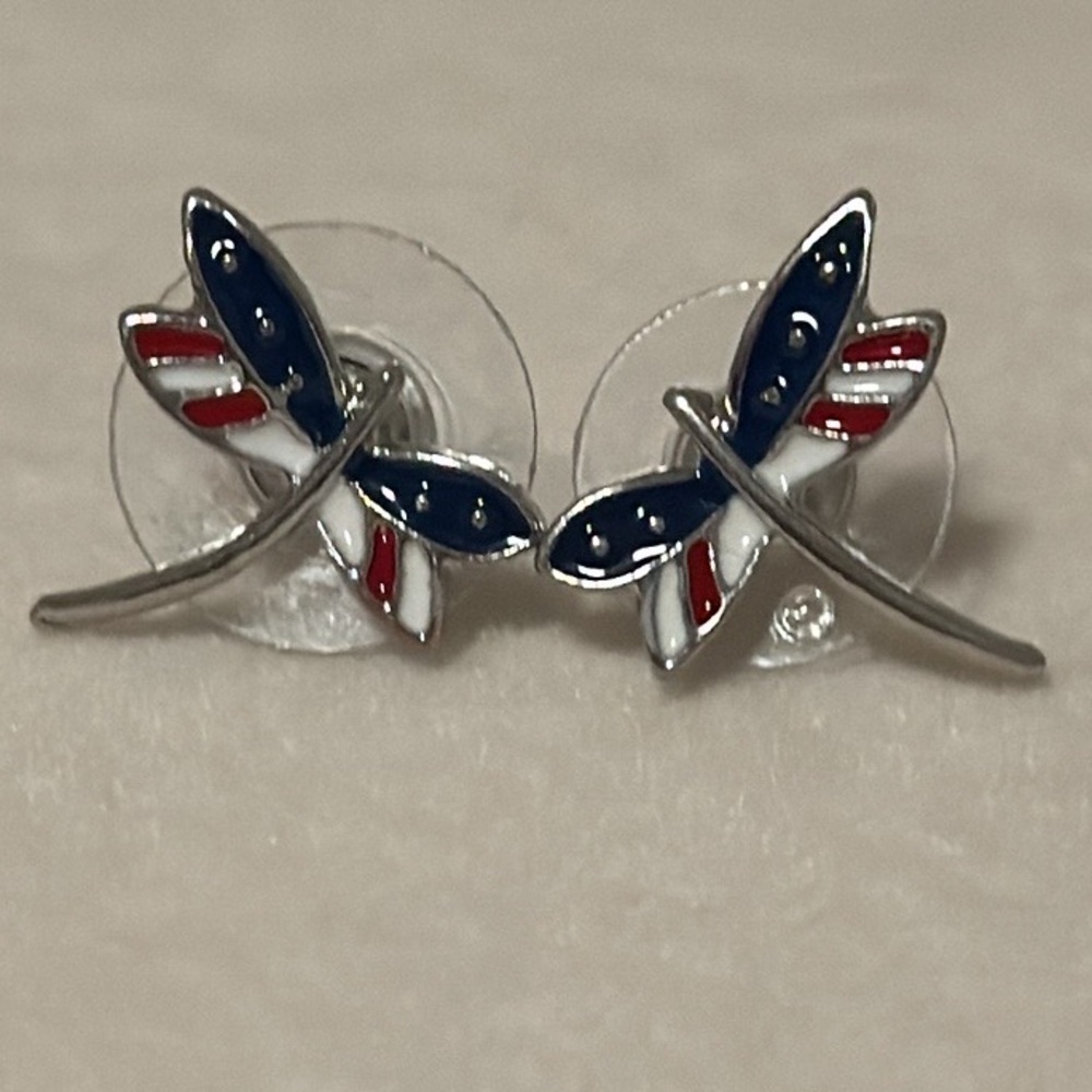 Dragonfly Earrings American Flag Pierced Stud Earrings Silver Tone Red Blue